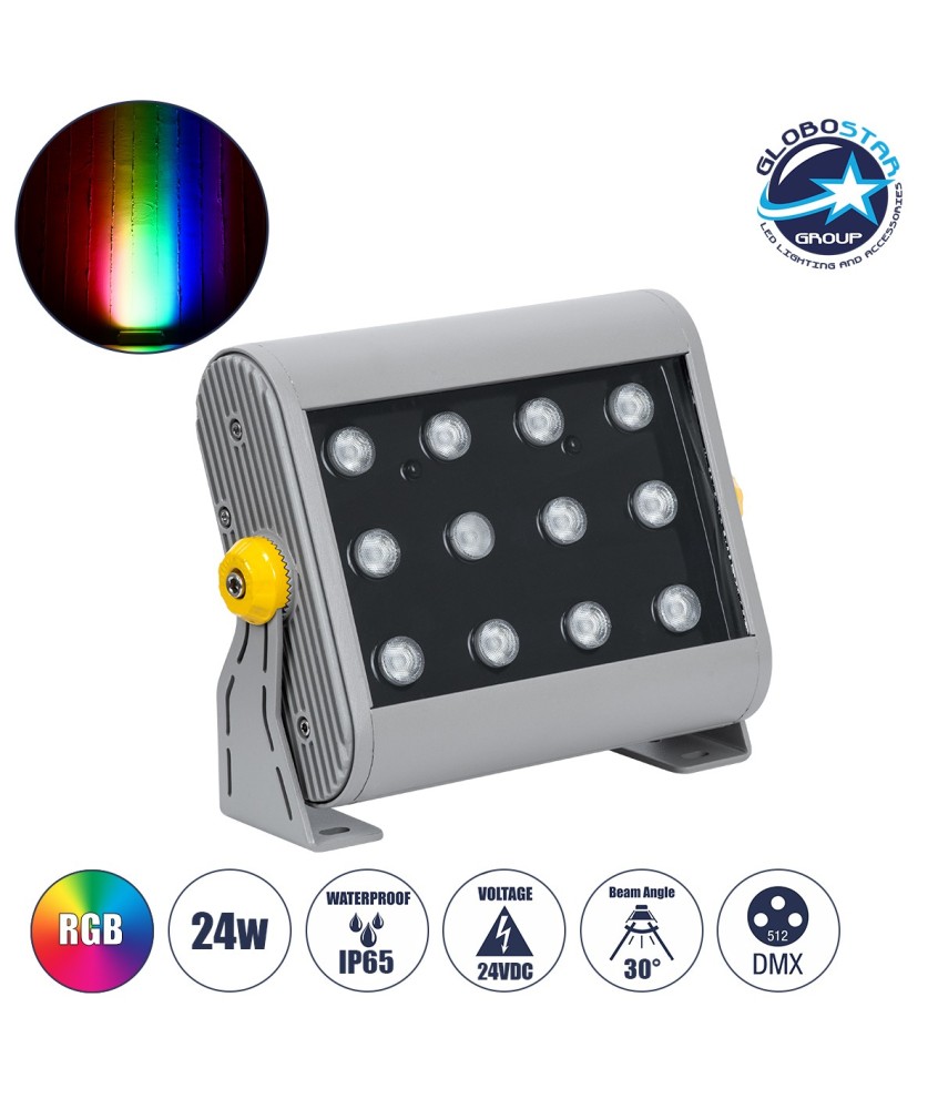 GLOBOSTAR® FLOODHENA 90641 Προβολέας Σποτ Wall Washer LED 24W 1920lm 30° DC 24V Αδιάβροχο IP65 Πολύχρωμο RGB Dimmable DMX512 - Bridgelux SMD Chip - Γκρι Ανθρακί - Μ22.5 x Π6 x Υ16.5cm - 3 Χρόνια Εγγύηση